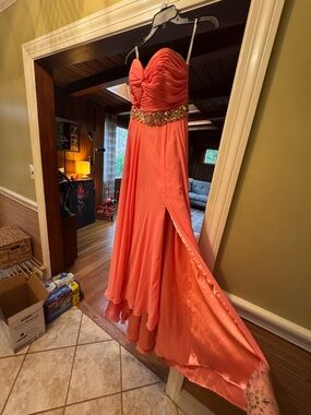 Jovani Coral Strapless Evening Gown with Jeweled Waist
